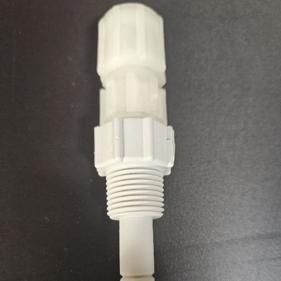 A white plastic threaded connector or sensor component shown vertically against a dark gray background.