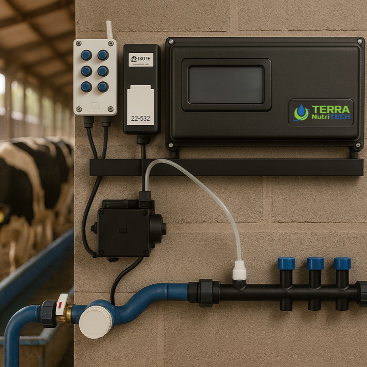 TERRA NutriTECH Mineral Dosing System mounted on a wall with pumps. Cows in the background.