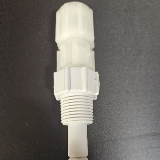 A white plastic threaded connector or sensor component shown vertically against a dark gray background.